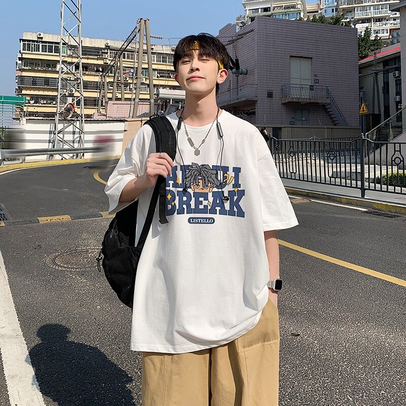2023夏装新款英文印花宽松港仔百搭学生休闲圆领短袖t恤Y286P25,男装T恤,电商B219