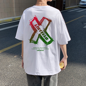 505-1-Y018白色全棉短袖情侣中性风T恤潮流牌印花体恤