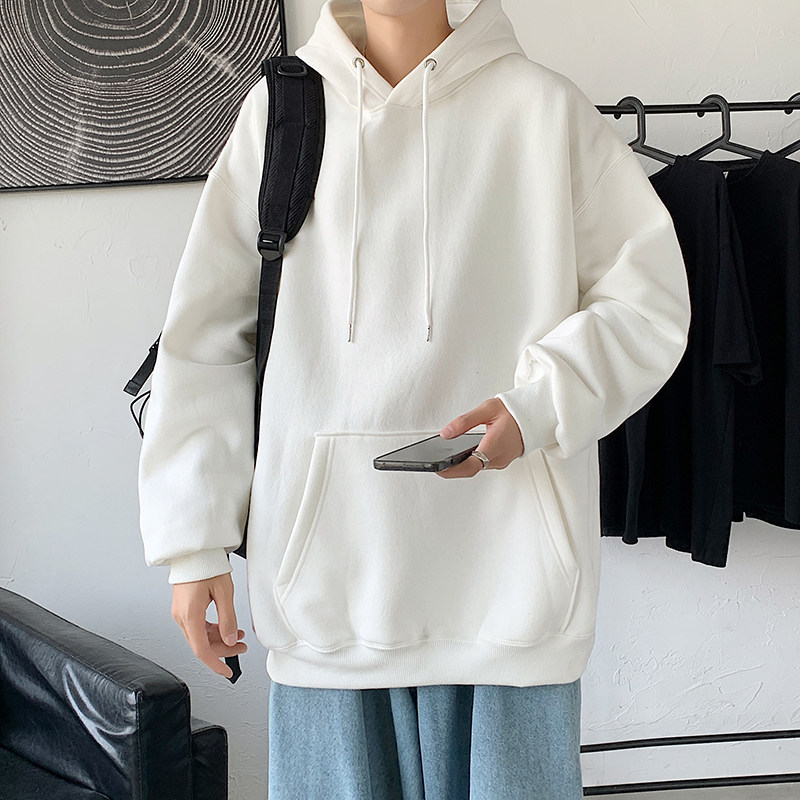 2021秋冬新款高品质简约纯色港仔宽松情侣连帽卫衣Y062P45白图片
