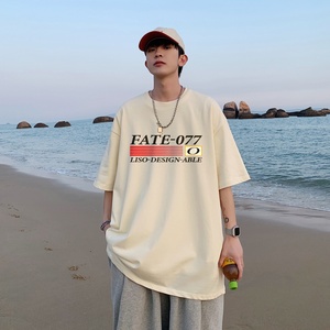 2024夏装重磅品质纯棉港风男美式大版型宽松落肩短袖T恤Y622P25米
