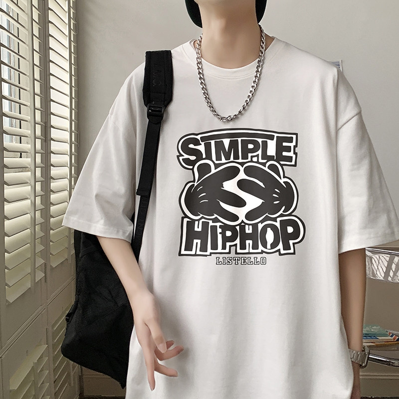 220克夏装新款印花宽松港仔百搭学生休闲圆领短袖t恤Y372P25白，男装T恤，电商B219