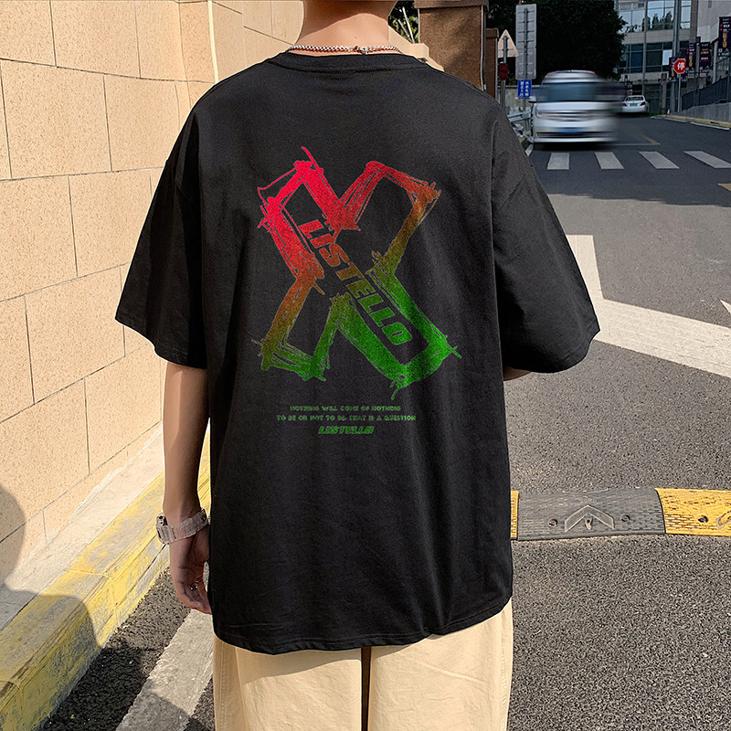 505-1-Y018白色全棉短袖情侣中性风T恤潮流牌印花体恤,男装T恤,电商B219
