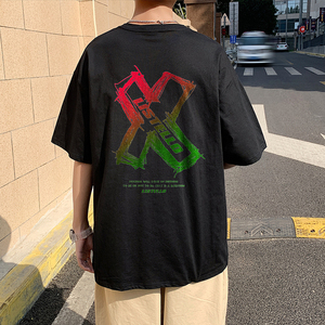 505-1-Y018黑色全棉短袖情侣中性风T恤潮流牌印花体恤