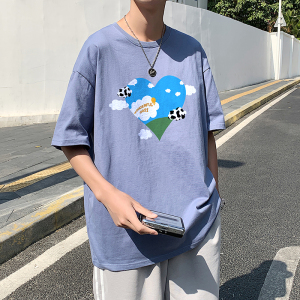 505-1-Y098夏季百搭休闲纯棉短袖T恤男港风宽松中性风云心蓝