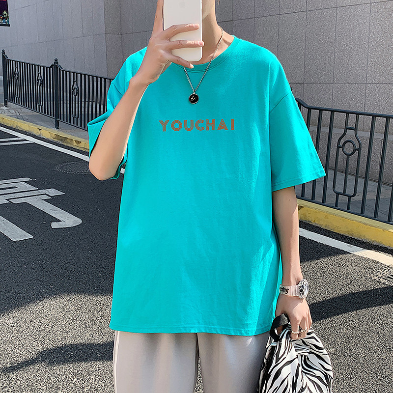505-1-Y108 休闲春夏季新品有柴款中性风男女款短袖T恤绿图片