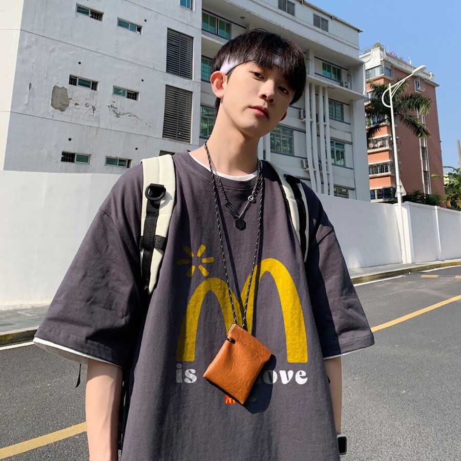 2024新款重磅品质纯棉港风男美式大版型宽松落肩短袖T恤Y636P25黑,男装T恤,电商B219
