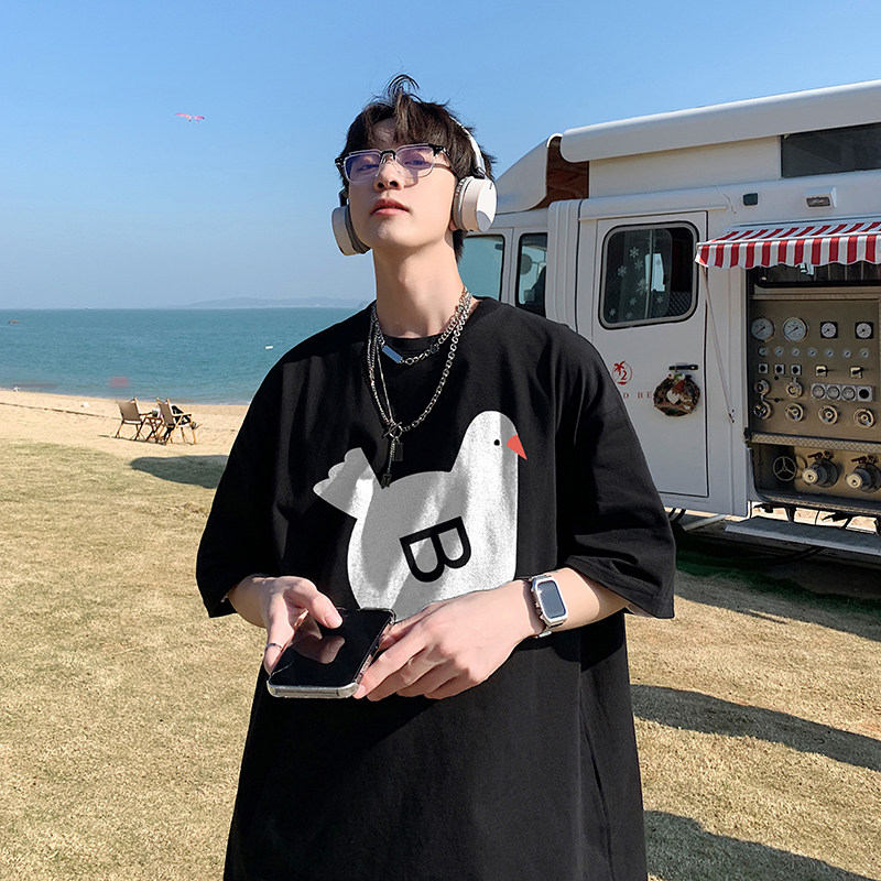 2023夏装扁平图案印花宽松港仔百搭学生休闲圆领短袖t恤Y236P25蓝,男装T恤,电商B219