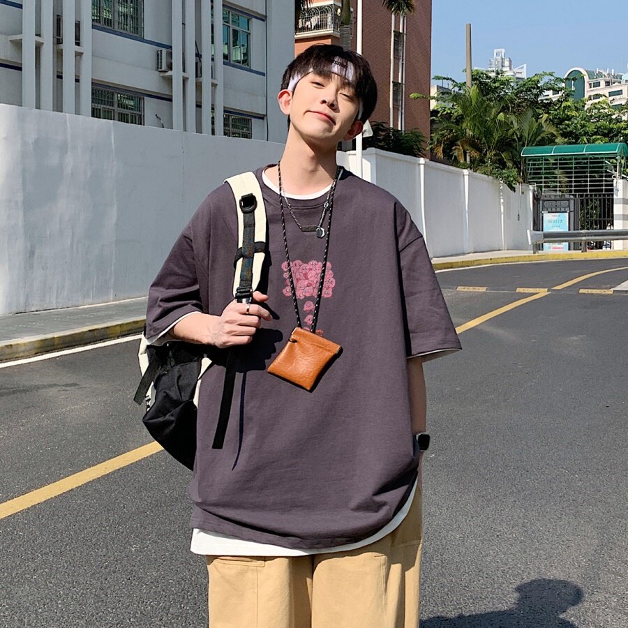 2024新款重磅品质纯棉港风男美式大版型宽松落肩短袖T恤Y611P25,男装T恤,电商B219