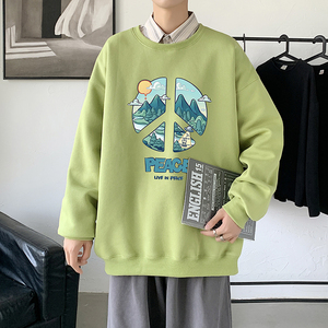 2021秋冬新款高品质热爱和平印花港仔宽松情侣卫衣Y053P38绿