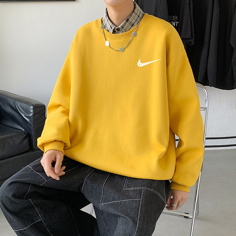 2021秋冬新款高品质10色印花港仔宽松情侣圆领卫衣Y013黄,男装卫衣,电商B219