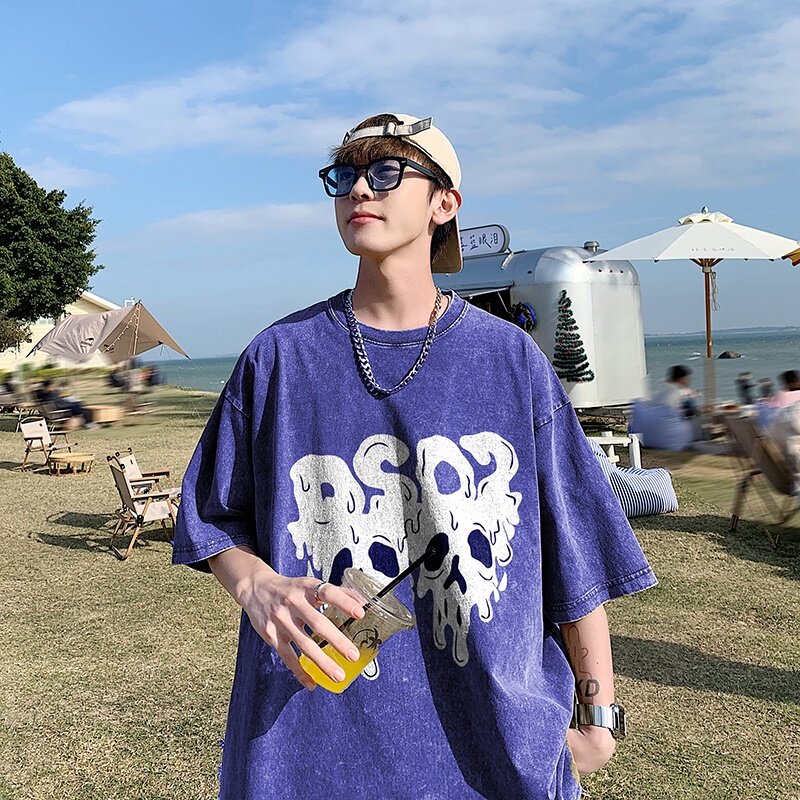 2023新款夏装纯棉圆领复古做旧宽松港仔短袖蜡染水洗T恤Y360P35卡,男装T恤,电商B219