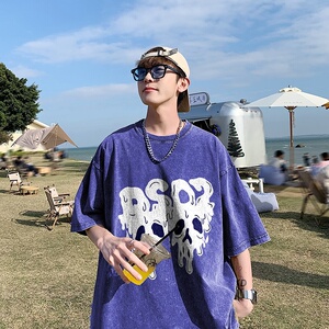 2023新款夏装纯棉圆领复古做旧宽松港仔短袖蜡染水洗T恤Y360P35卡图片