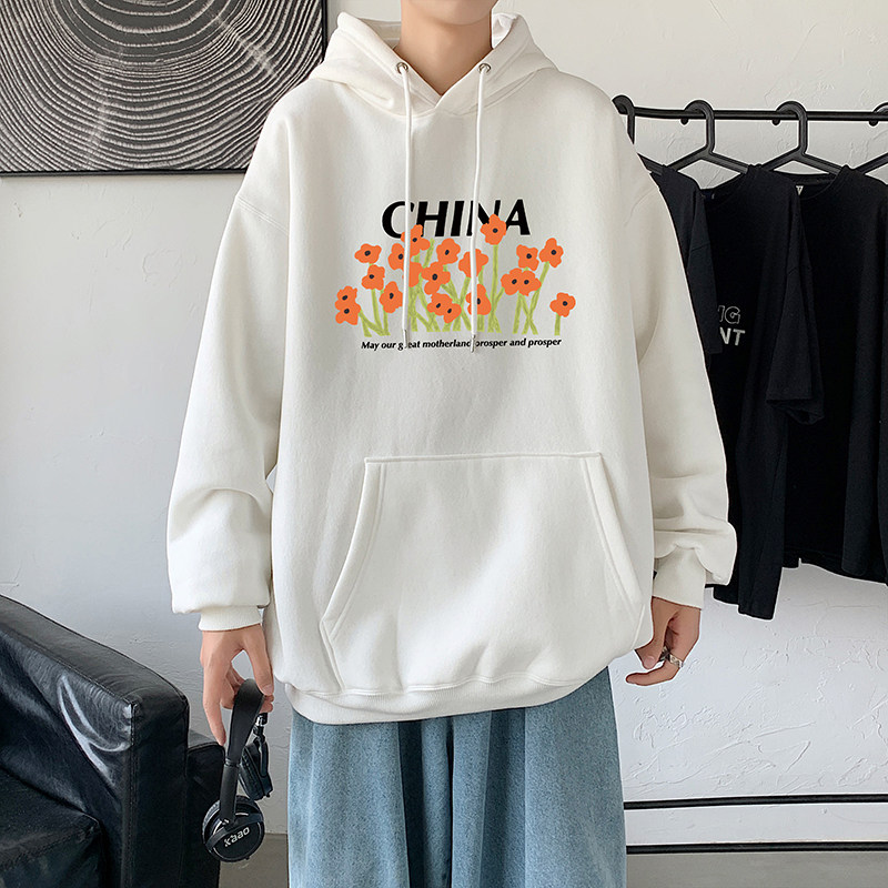 2021秋冬原创小众多色印花港仔宽松情侣连帽卫衣Y033灰,男装卫衣,电商B219