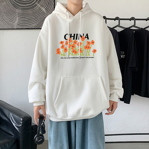 2021秋冬原创小众多色印花港仔宽松情侣连帽卫衣Y033灰图片
