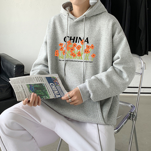 2021秋冬原创小众多色印花港仔宽松情侣连帽卫衣Y033灰图片