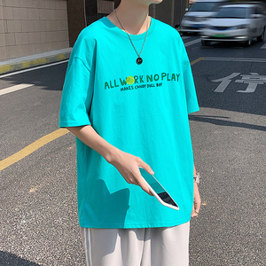 505-1-Y128中性风情侣T恤夏装超火短袖男潮流港风男女绿图片