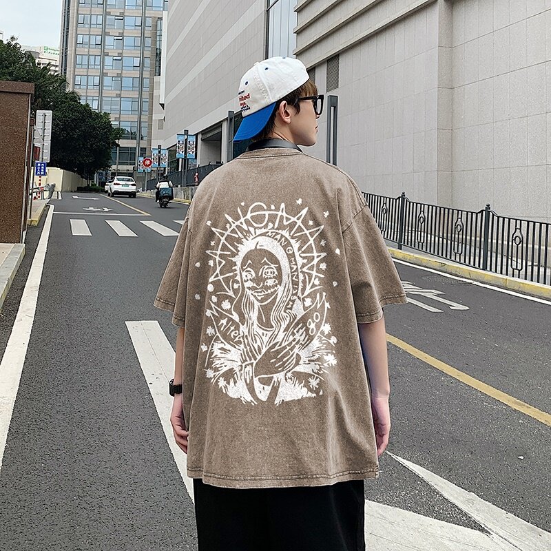 2023新款夏装纯棉圆领复古做旧宽松港仔短袖蜡染水洗T恤Y333P35,男装T恤,电商B219