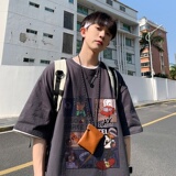 220克夏装印花宽松港仔百搭学生休闲圆领短袖t恤Y388P25黑色，男装T恤，电商B219