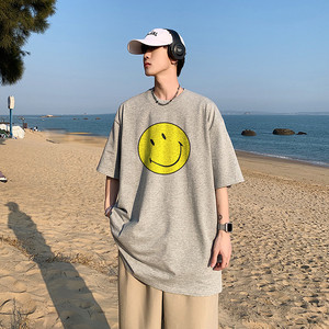 2023夏装新款笑脸印花宽松港仔百搭学生休闲圆领短袖t恤Y227P25灰图片