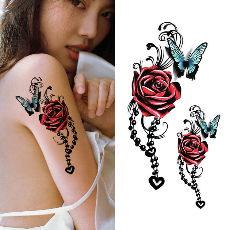 3张 性感彩色红玫瑰花朵蝴蝶防水持久女款逼真纹身贴肩膀脚踝