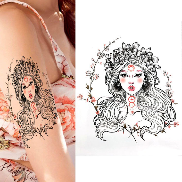 3张 手绘唯美花臂花朵 人物女孩头像 防水持久女款逼真纹身贴
