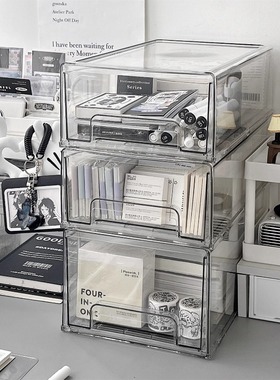 日本桌面文具收纳盒亚克力透明防尘抽屉书桌办公室工位杂物整理盒