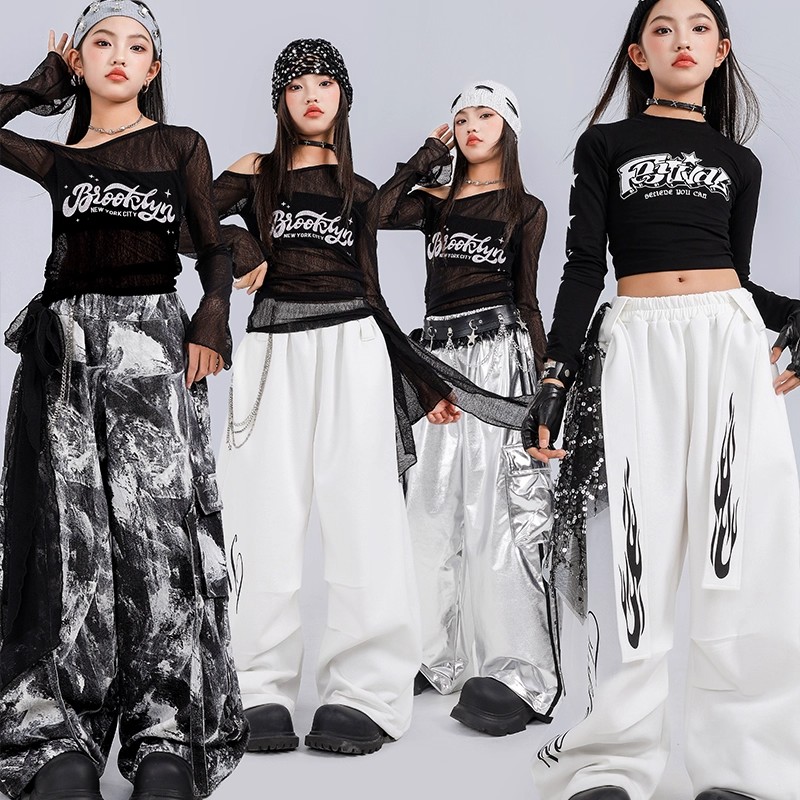女童街舞潮装黑银露脐长袖套装儿童潮服hiphop女孩爵士舞表演服装