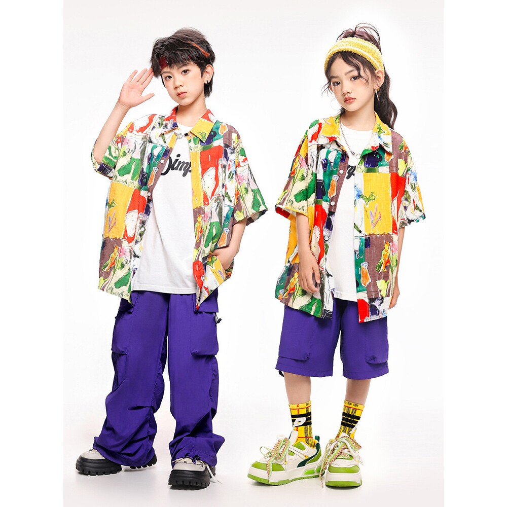 街舞儿童潮服套装男女童嘻哈港风复古衬衫花色少儿hiphop表演服酷