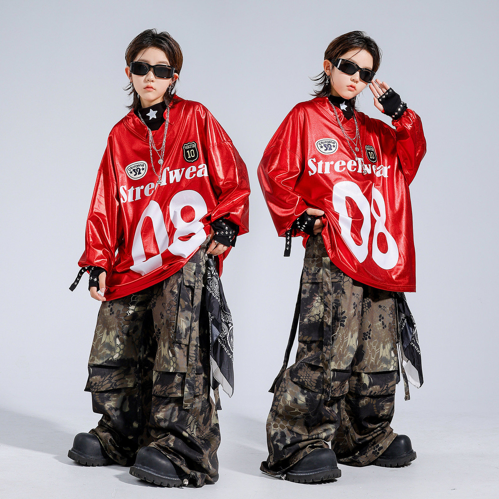 新年儿童红色套装街舞演出服男女童嘻哈炸街hiphop架子鼓表演服装