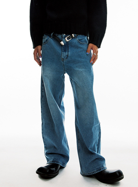 PAPER VOICE® 蓝色渐变水洗做旧无性别直筒牛仔裤美式复古高级感