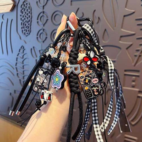 创意miu系千鸟格手绳钥匙链挂饰情侣diy汽车钥匙扣包包挂件小饰品