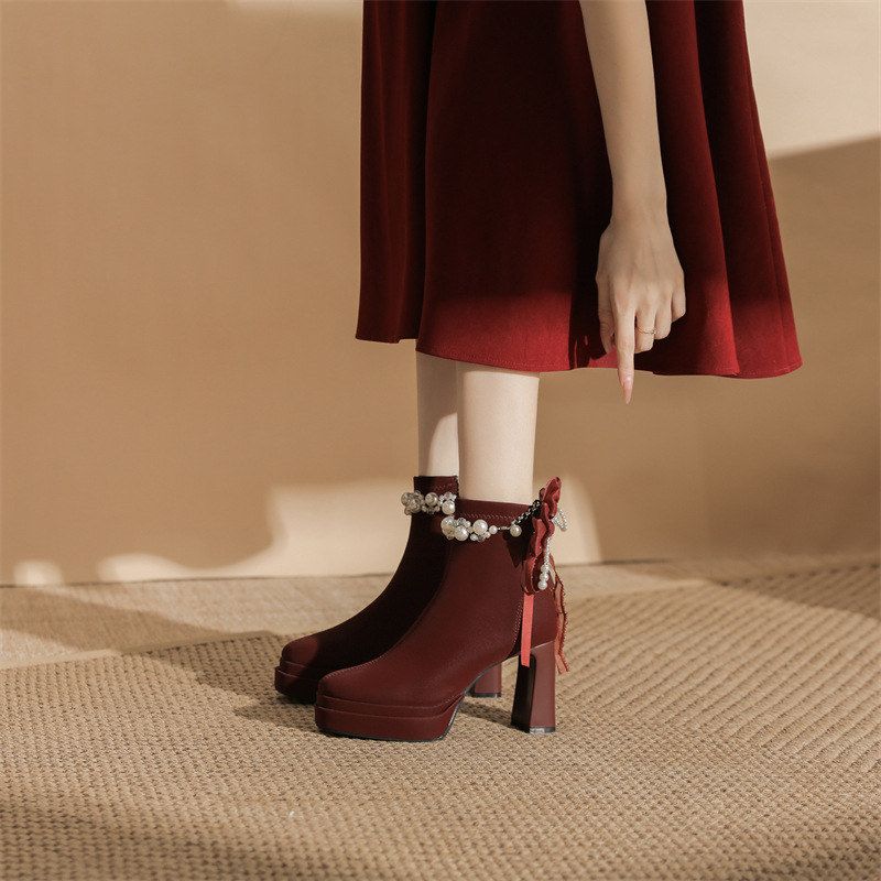 8077-Z38-L52  2025新款秋冬中式秀禾新娘鞋婚鞋酒红色高跟鞋粗跟