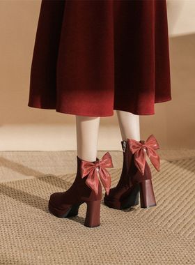 8077-L58中式秀禾婚靴红色高跟鞋粗跟短靴女新款秋冬靴子蝴蝶结