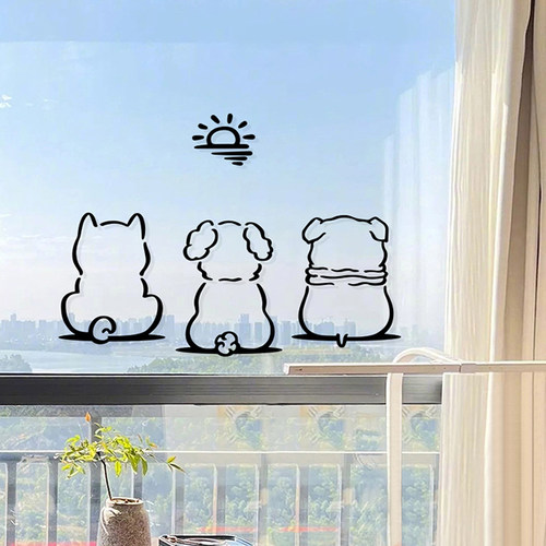 三只小狗看太阳意境阳台窗户贴纸