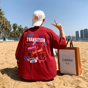 T6826P28 港风T恤2023夏季男士印花短袖T恤半袖落肩T纯棉潮流上衣图片