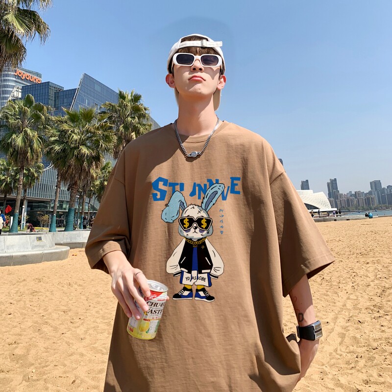 T6736P25港风T恤2023夏季男士印花短袖T恤半袖落肩T纯棉潮流上衣,男装T恤,星座510A-5