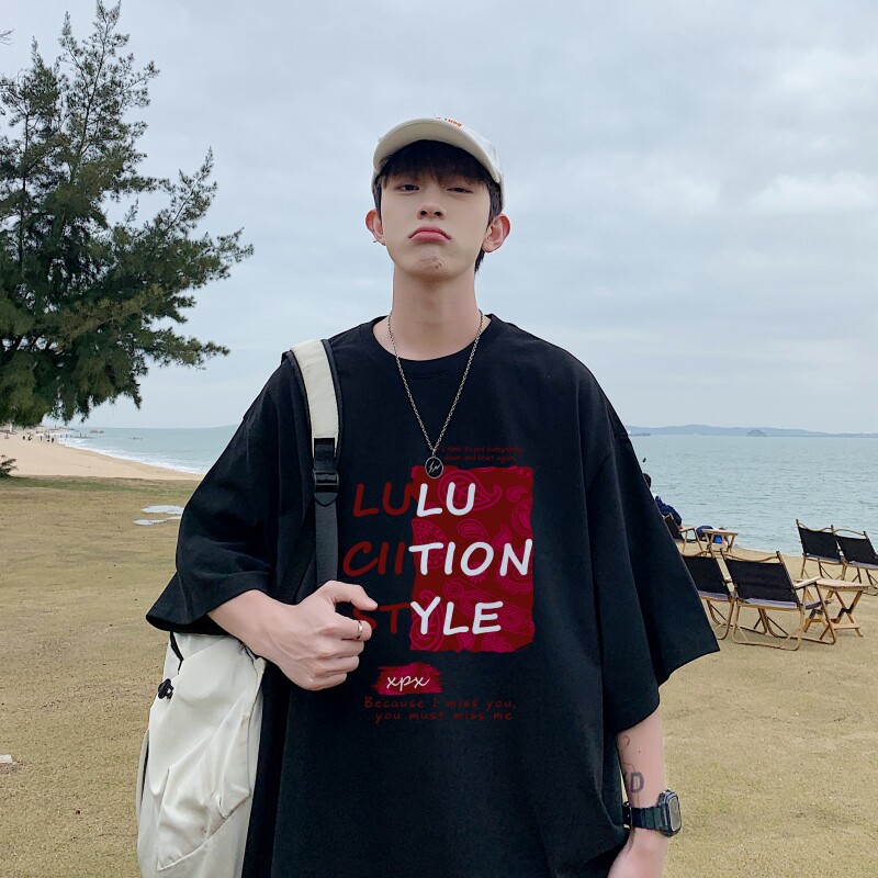 T6831P25港风T恤2023夏季男士印花短袖T恤半袖落肩T纯棉潮流上衣,男装T恤,星座510A-5