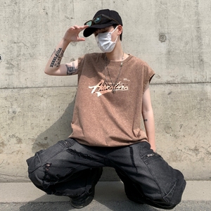 TR6877P35复古无袖T恤男士宽松潮牌背心无袖T水洗蜡染潮牌T恤夏季图片