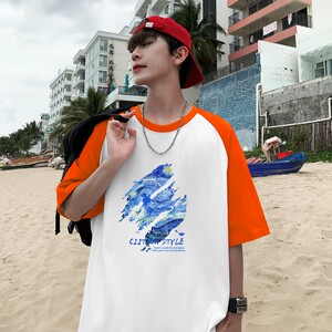 TQ7135P25 夏季男士宽松半袖打底衫插肩袖t恤拼色潮牌港风半袖图片