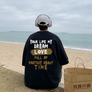 T6741P25 港风T恤2023夏季男士印花短袖T恤半袖落肩T纯棉潮流上衣图片