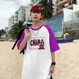 TQ6883P25夏季男士宽松半袖打底衫插肩袖t恤拼色潮牌港风半袖,圆脸微胖中年男士穿搭图片