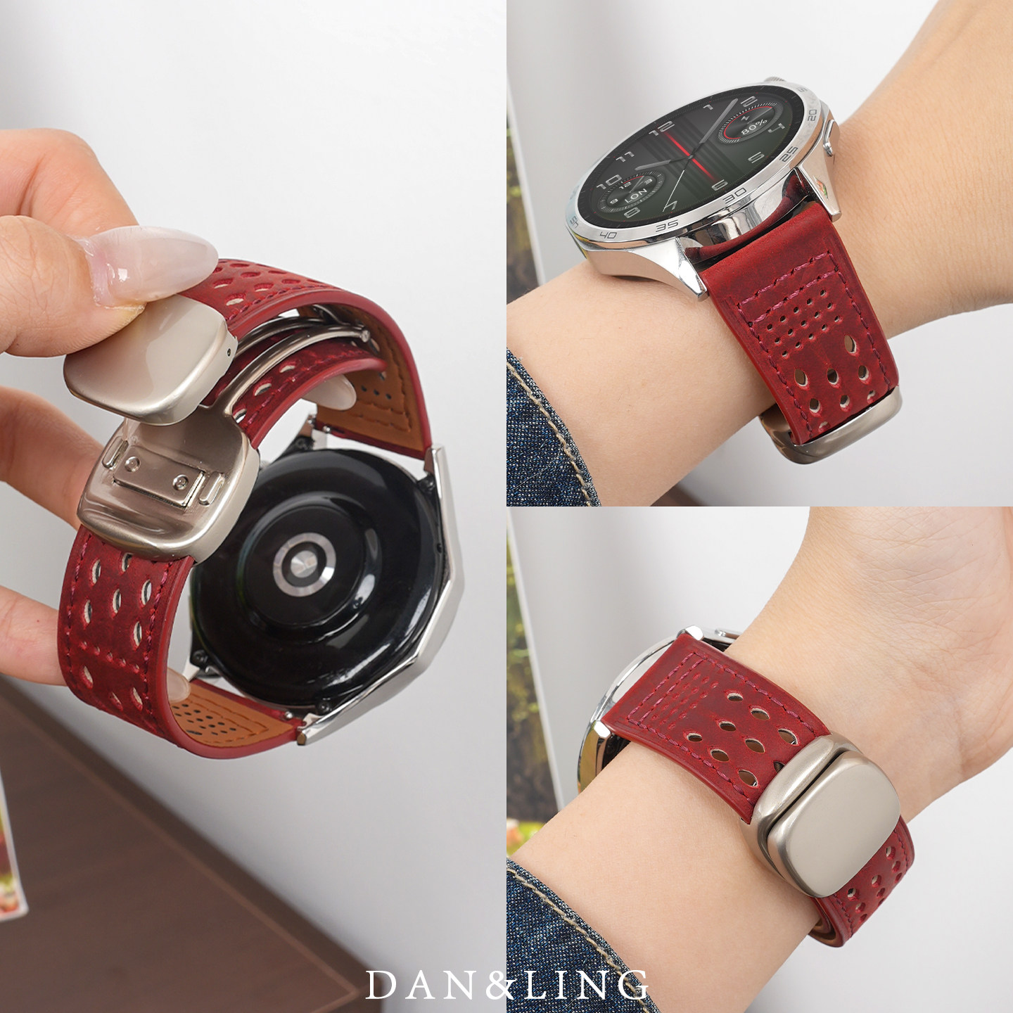 适用华为gt6手表gt5表带疯马纹watchgt4镂空真皮圆滑磁吸扣gt3pro男士腕带watch5/4酒红女款2e高级感秋冬新款