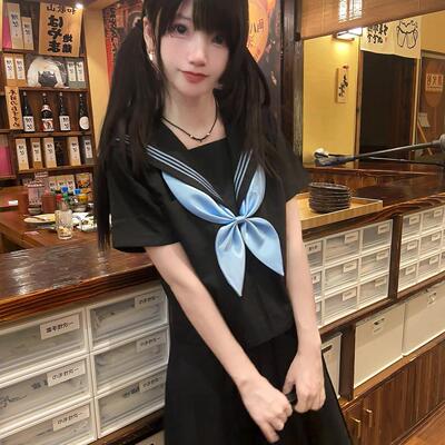 原创基础款校供感黑色短袖水手服