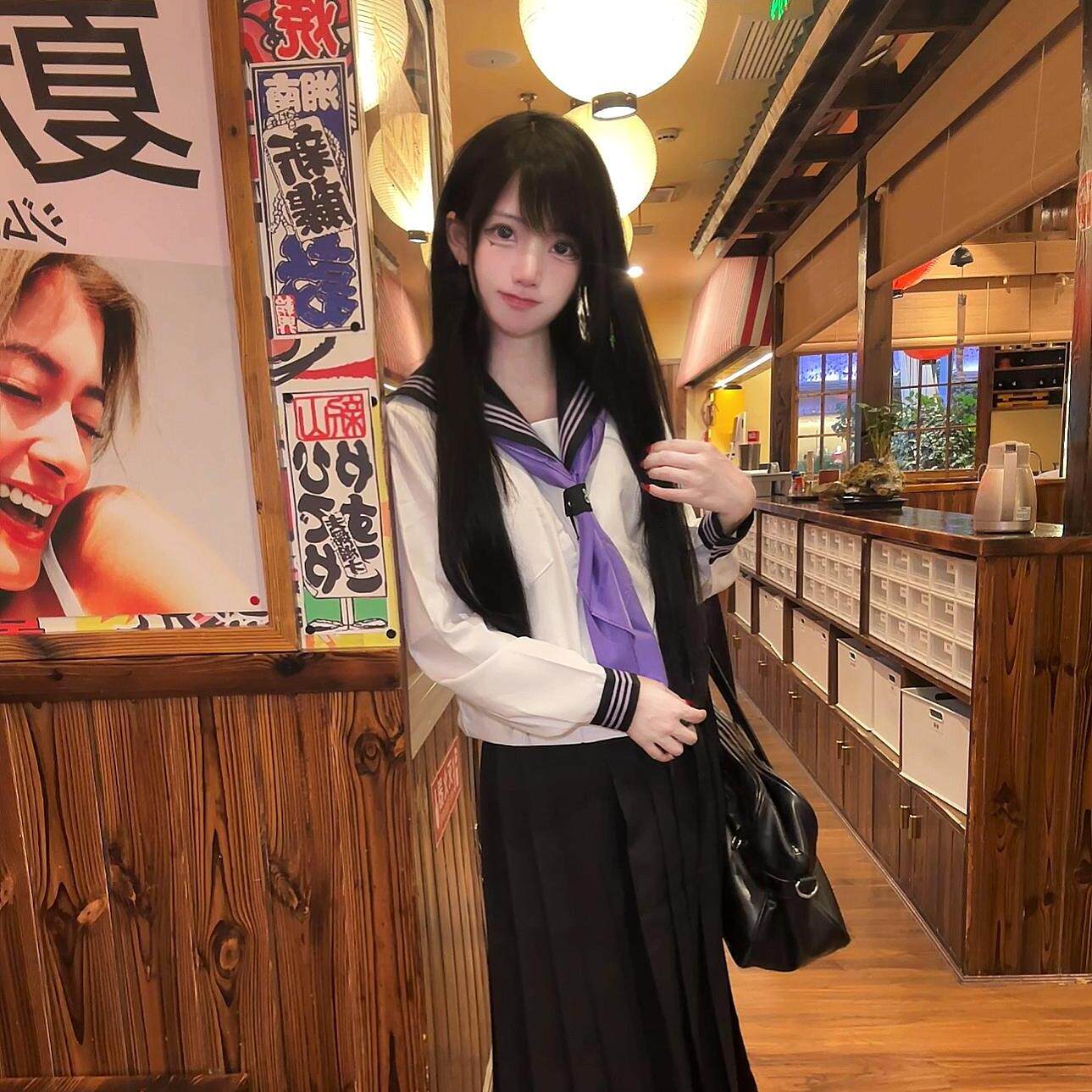 桔梗原创紫色白三本校供水手服