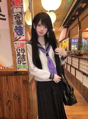 原创正统校供紫色三本水手服长袖jk制服基础款中间服显瘦长裙套装