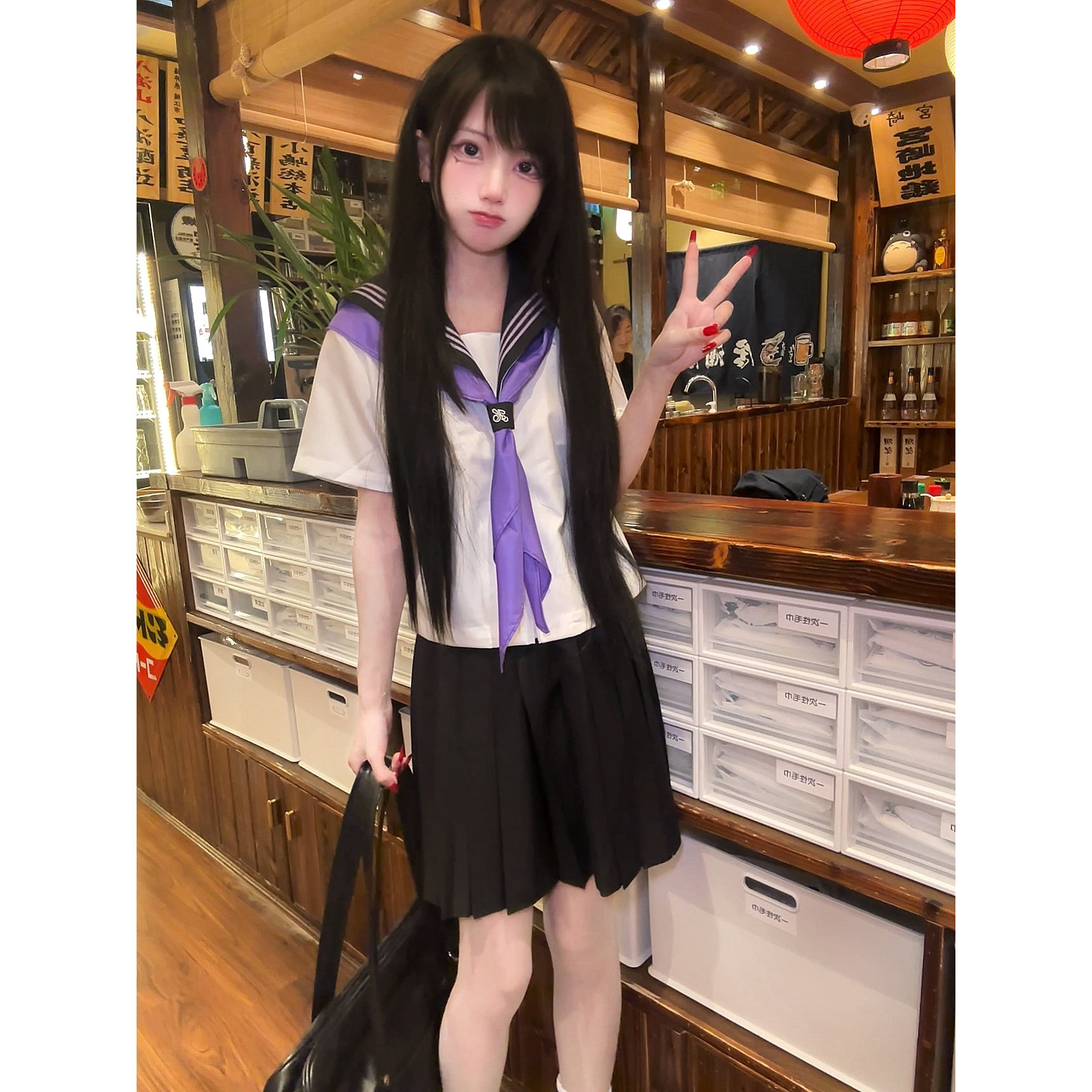 桔梗原创紫色三本短袖jk水手服
