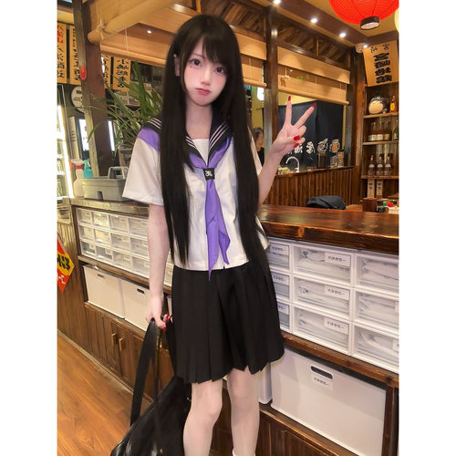 桔梗原创紫色三本短袖jk水手服