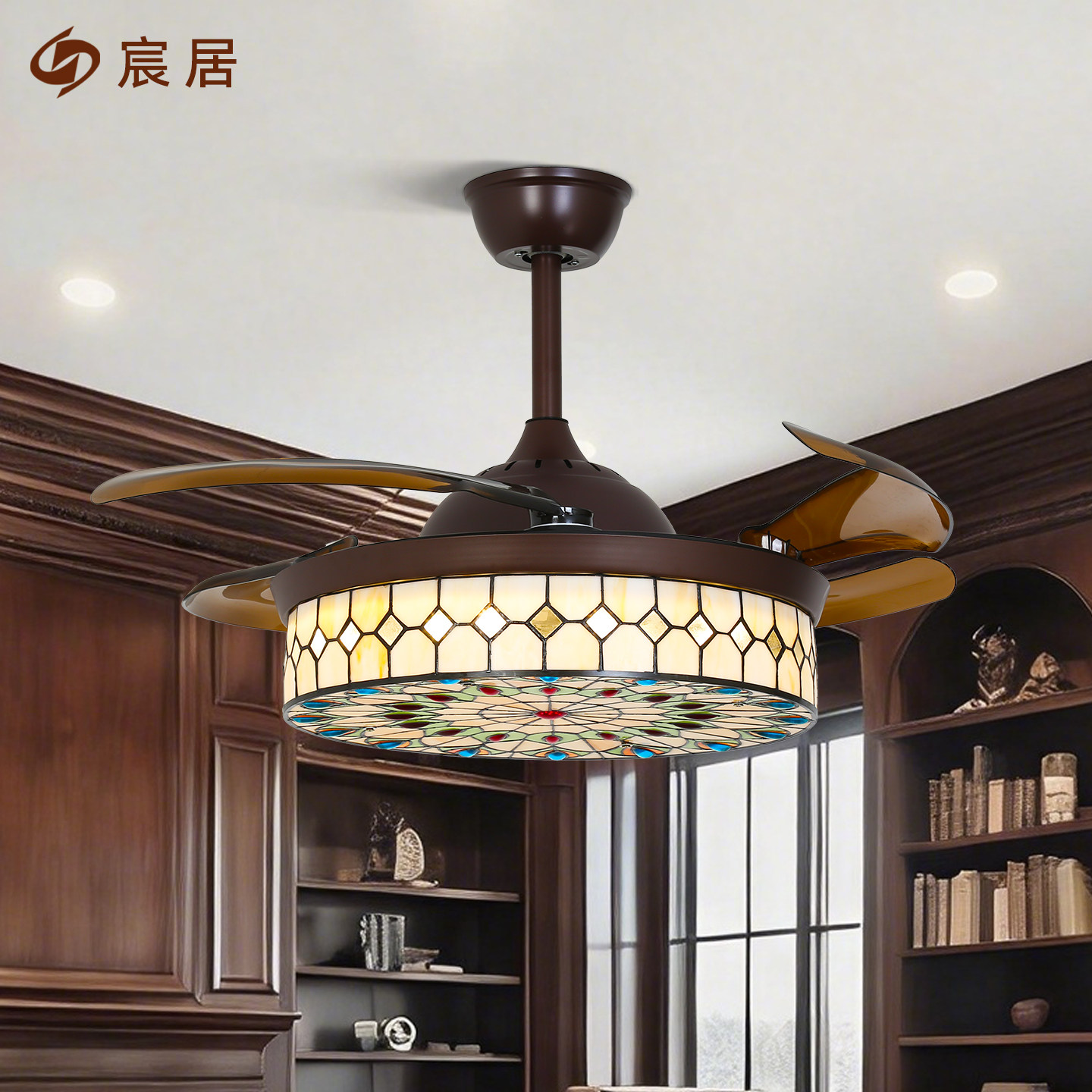 宸居新款蒂凡尼隐形风扇灯餐厅地中海高端灯具复古卧室静音吊扇灯