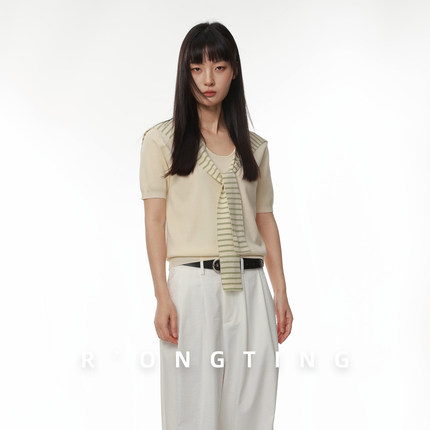 绒汀 RONGTONG 【披肩假两件】针织衫女短袖T恤
