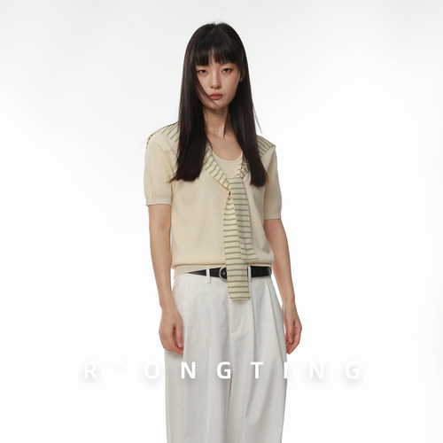 绒汀 RONGTONG 【披肩假两件】针织衫女短袖T恤